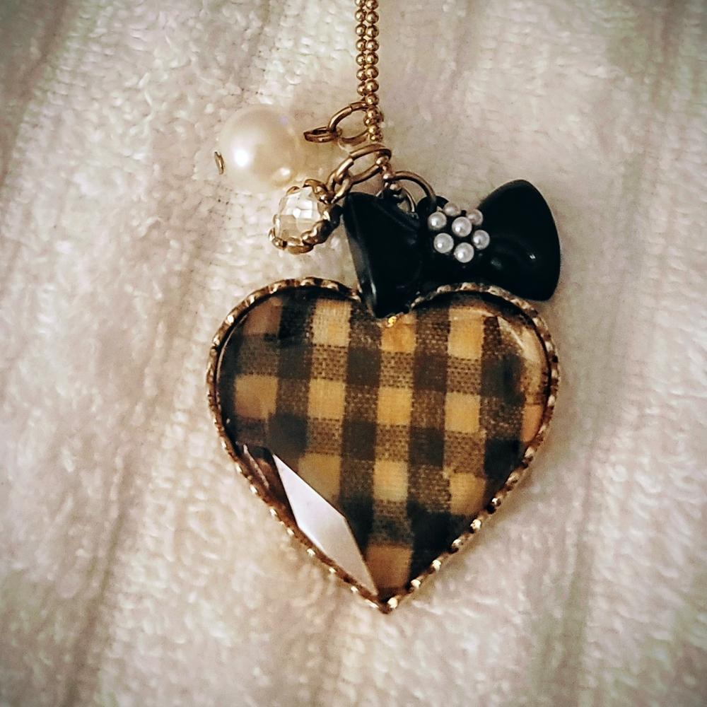 Vintage Betsy Johnson Heart Pendant Necklace with Bow and Pearl Accents